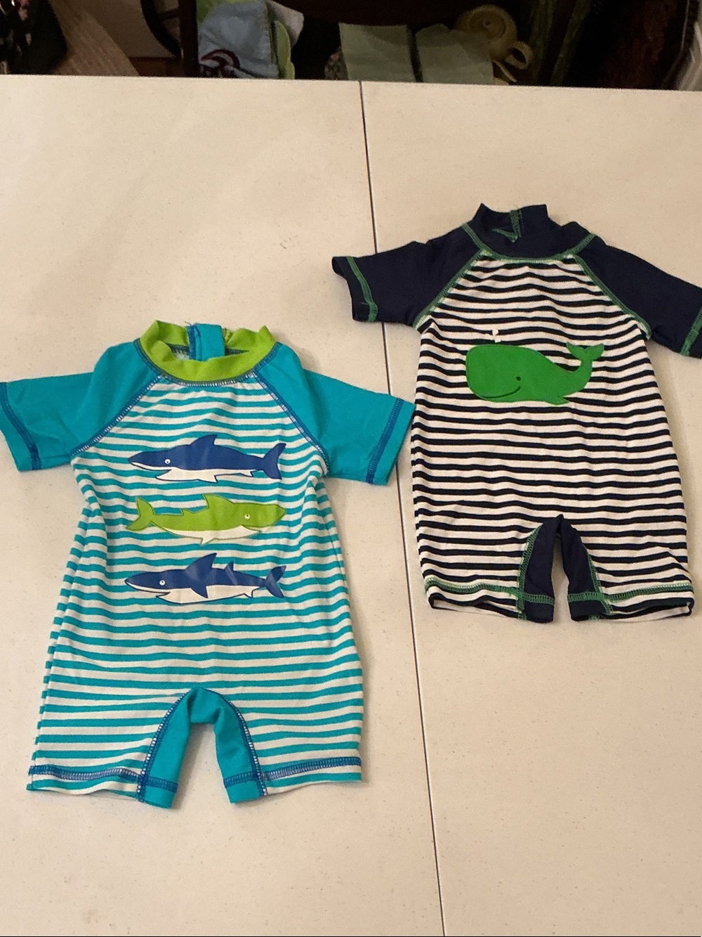 Little Me Teal & Navy Striped Kids Swim Coverup Set with Whale and Shark Motifs